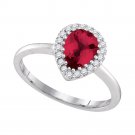14k White Gold Pear Natural Ruby Solitaire Diamond Halo Bridal Ring 1/6 Cttw