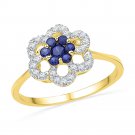 10k Yellow Gold Round Lab-Created Blue Sapphire Diamond Cluster Ring 1/8 Ctw