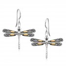 Beautiful 18k Yellow Gold & Sterling Silver Dragonfly Motif Drop Earrings Womens