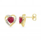 10k Yellow Gold Round Lab-Created Ruby Heart Love Fashion Earrings 3/8 Ctw