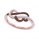 10k Rose Gold Womens Round Red Color Enhanced Diamond Heart Strand Ring 1/8