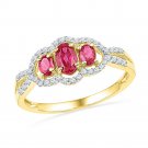 10k Yellow Gold Womens Lab-Created Red Ruby 3-stone Diamond Frame Ring 7/8 CT