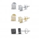 Mens Stud Earrings Micro Pave CZ Princess Cut Solid Sterling Silver 6mm