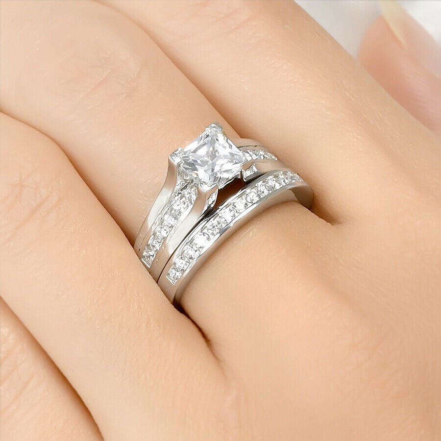 225 Ct Bridal Engagement Ring Set W Matching Band Princess Cut Sterling Silver