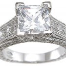 2.5 CT Sterling Silver Rhodium Finish CZ Princess Antique Style Wedding Ring