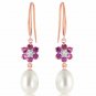 14K Solid Rose Gold Fish Hook Earrings w/ Diamonds, Amethysts & Pearls