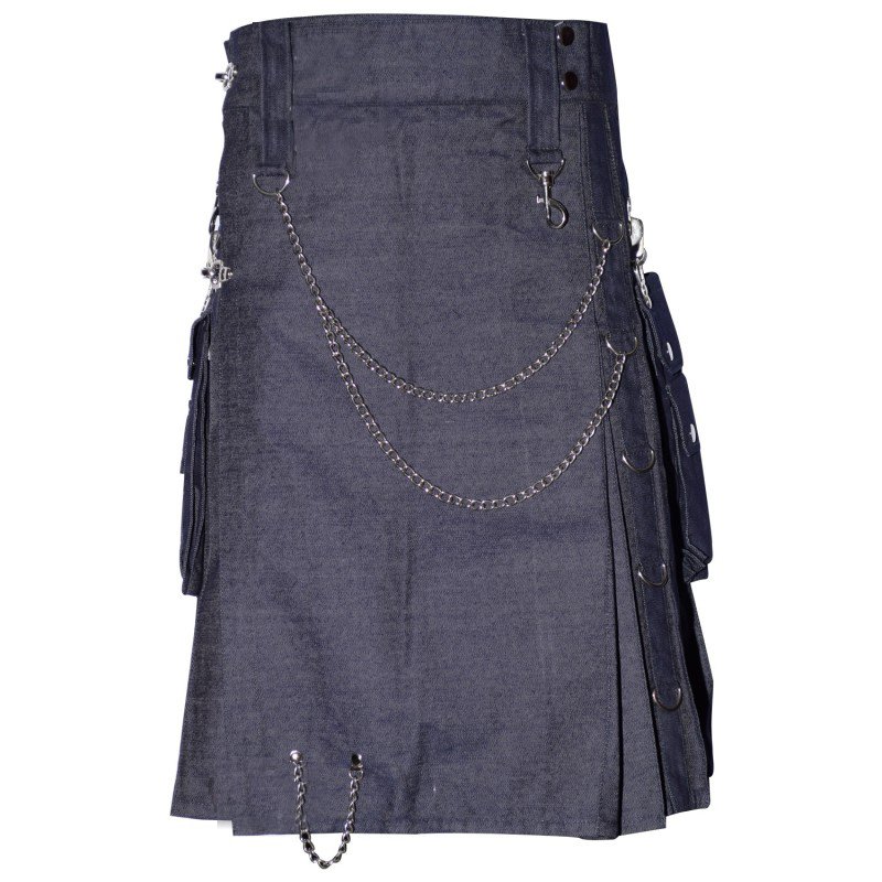 New Stylish Active Men Blue Denim Utility Kilt  With Stainless Steel Chrome Chain