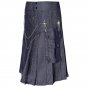 New Stylish Active Men Blue Denim Utility Kilt  With Stainless Steel Chrome Chain