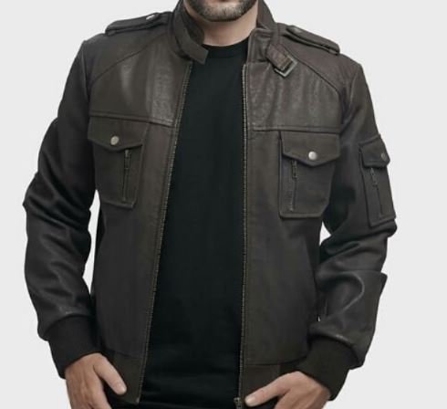 L Men's Brown Leather Bomber Jacket Motorbike suit Causal Zipper Long Sleeves Bomber Coat