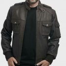 L Men's Brown Leather Bomber Jacket Motorbike suit Causal Zipper Long Sleeves Bomber Coat