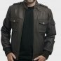 L Men's Brown Leather Bomber Jacket Motorbike suit Causal Zipper Long Sleeves Bomber Coat