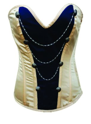 Women's Spiral Steel Boned Steampunk Black and Khaki Over Bust Body Shape wears Satin Corset