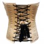 Women's Spiral Steel Boned Steampunk Black and Khaki Over Bust Body Shape wears Satin Corset