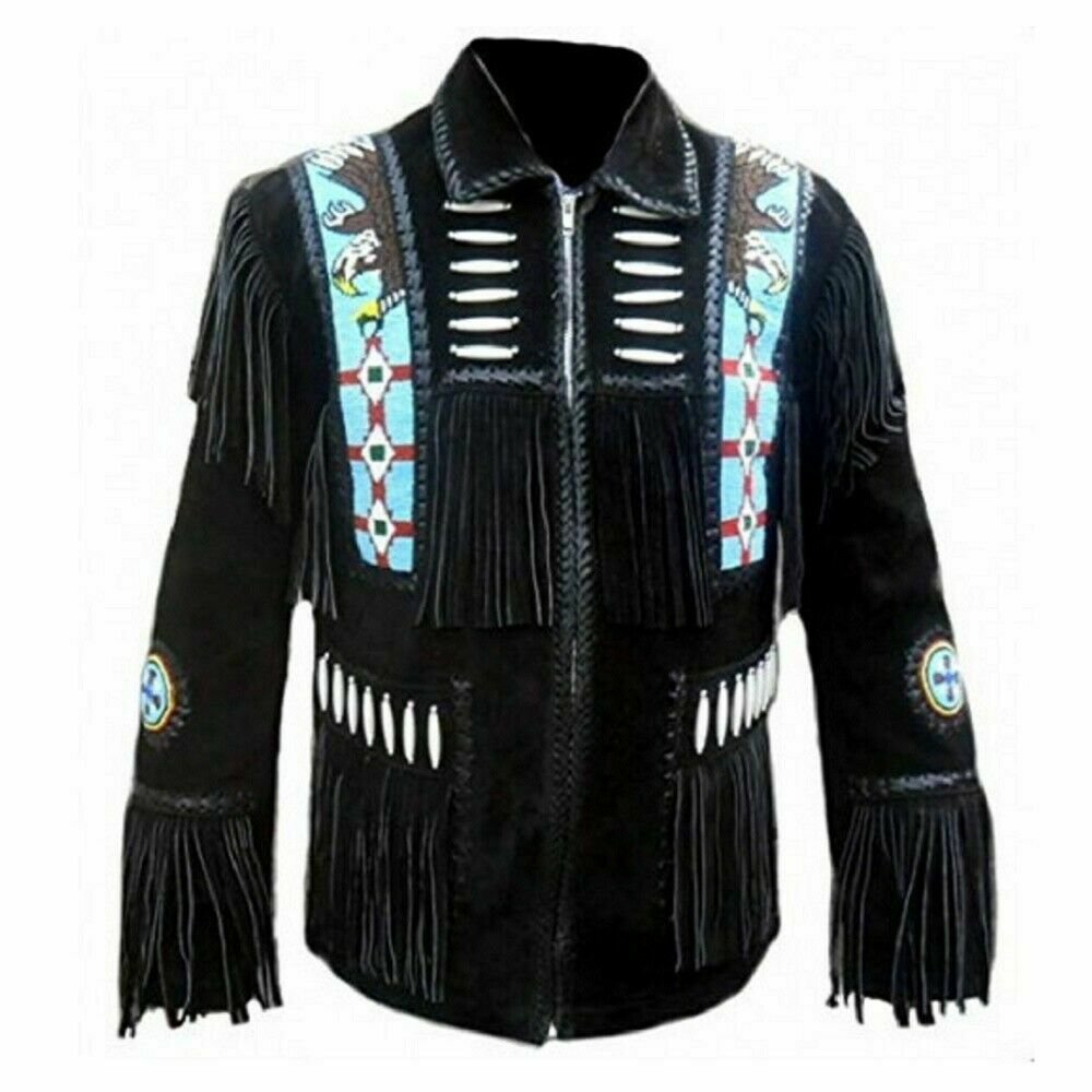 Men Western Cowboy Suede Leather Jacket With Bone,Fringe, Beaded work