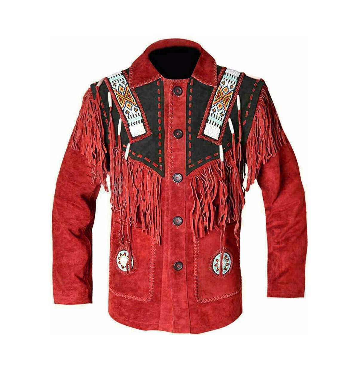 Men Western Cowboy Red Premium Suede Leather Jacket With Fringe Beaded Jacket