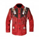 Men Western Cowboy Red Premium Suede Leather Jacket With Fringe Beaded Jacket
