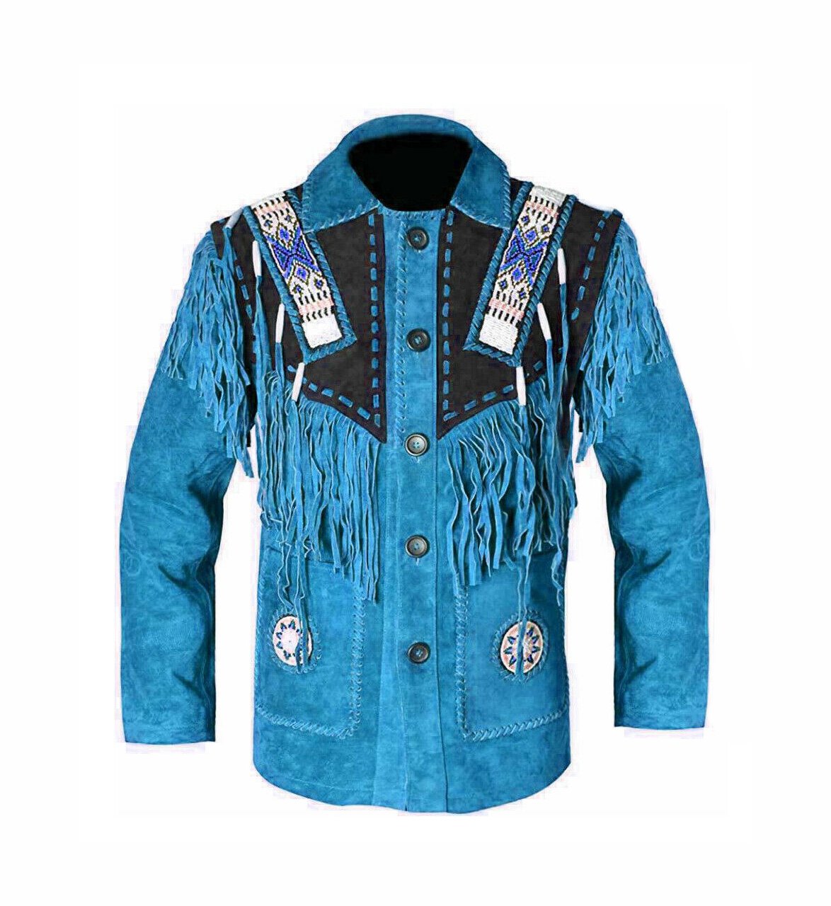 Men Western Cowboy Blue Premium Suede Leather Jacket With Fringe Beaded Jacket