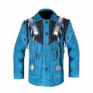 Men Western Cowboy Blue Premium Suede Leather Jacket With Fringe Beaded Jacket