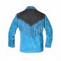 Men Western Cowboy Blue Premium Suede Leather Jacket With Fringe Beaded Jacket
