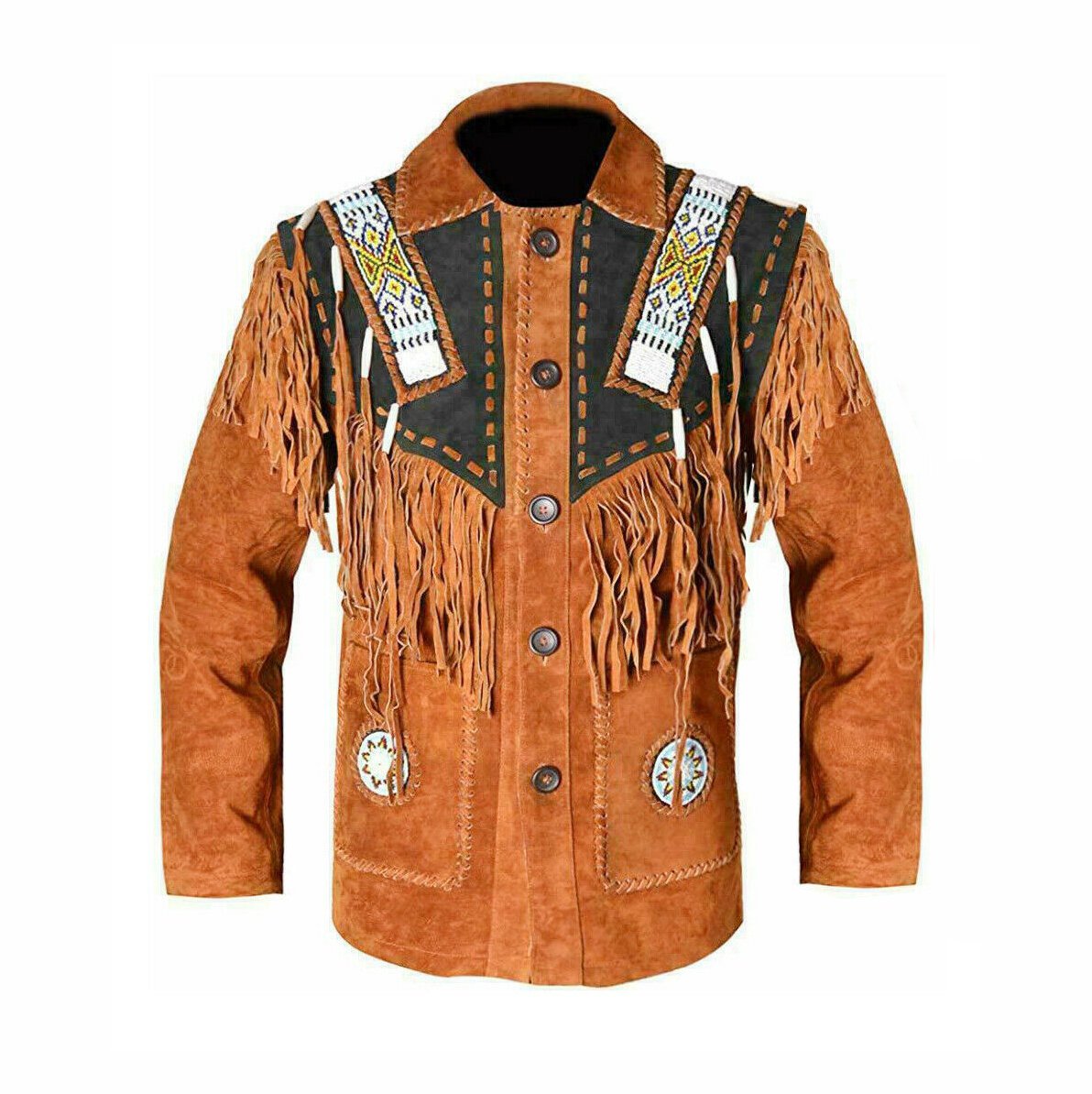 Men Western Cowboy Blue Premium Suede Leather Jacket With Fringe Beaded Jacket