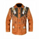 Men Western Cowboy Blue Premium Suede Leather Jacket With Fringe Beaded Jacket