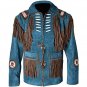 Men Western Cowboy Blue Premium Suede Leather Jacket With Fringe Beaded Jacket