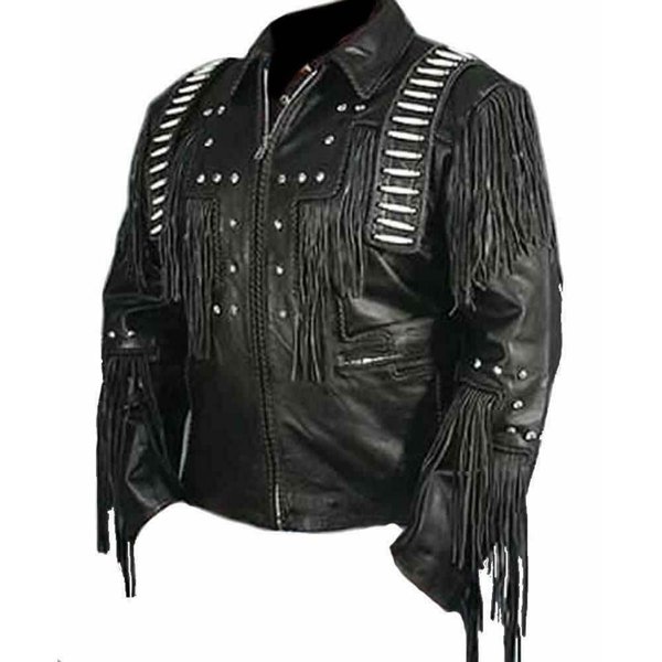 Men Hunter Style  Black  Western Cowboy Suede Leather Jacket With  Beaded work