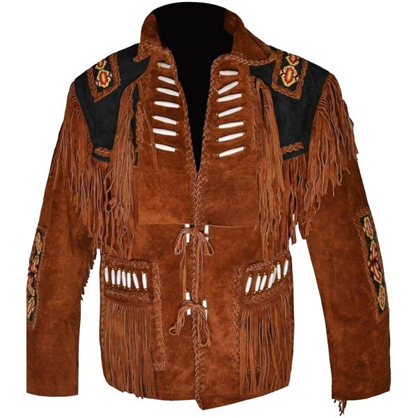 Men Western Cowboy Brown Premium Suede Leather Jacket With Fringe Beaded Jacket