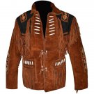 Men Western Cowboy Brown Premium Suede Leather Jacket With Fringe Beaded Jacket