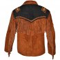Men Western Cowboy Brown Premium Suede Leather Jacket With Fringe Beaded Jacket