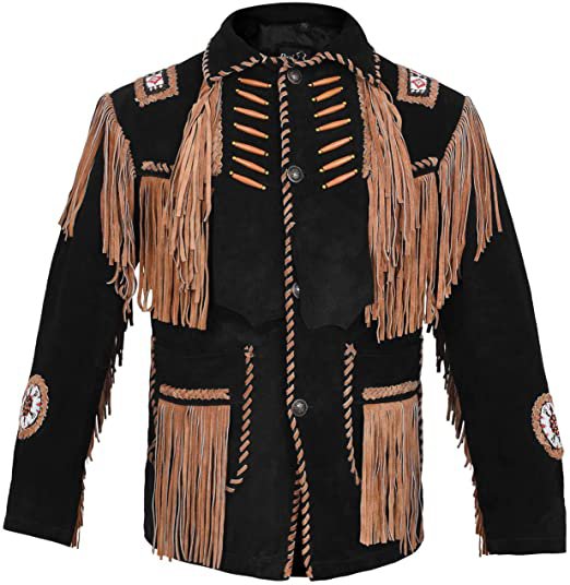 Men Biker Style Western Cowboy Black Premium Suede With Fringe Beaded Leather Jacket