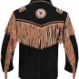 Men Biker Style Western Cowboy Black Premium Suede With Fringe Beaded Leather Jacket