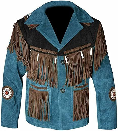 Men Biker Style Western Cowboy Blue Premium Suede Leather Jacket With Fringe Jacket