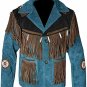 Men Biker Style Western Cowboy Blue Premium Suede Leather Jacket With Fringe Jacket