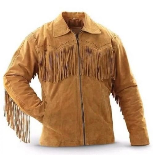Men American Native Western Cowboy Suede Brown Tan Leather Jacket With Fringe