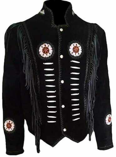 Men Western Cowboy Red Premium Suede Leather Jacket With Fringe and Beads work