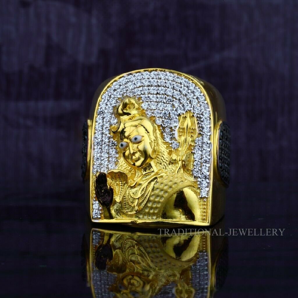 SHIVA SHIV JI GOD MENS 22K YELLOW GOLD RING WITH STONE AND RHODIUM COLOR 69