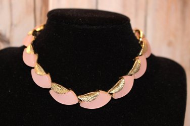 Vintage Thermoset Pink Lucite and Silver Tone Leaf Necklace - Moonglow - 1950's