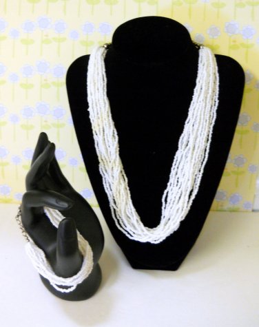 White Glass Seed Bead Vintage Bracelet and Necklace Set - Fine Fashion - Jewelry