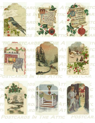 Digital Christmas Gift Tags Set 1 - 9 Old Fashioned Holiday Images - PRINTABLE DOWNLOAD