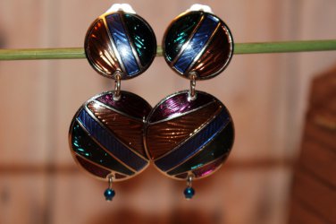 Multi Colored Enamel Clip On Vintage Earrings in Silver-tone