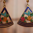 Dark Blue Triangle Shaped Vintage Enamel Dangle Earrings Red and Yellow Flowers