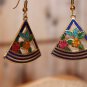 Dark Blue Triangle Shaped Vintage Enamel Dangle Earrings Red and Yellow Flowers