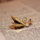 Delicate 12k gold filled Leaf Pin with Freshwater pearl vintage Brooch