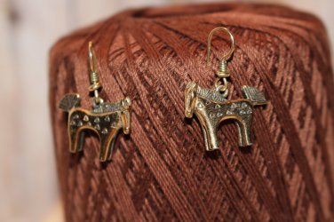 African Zebra or Horse Vintage Goldtone Dangle Earrings 1980's