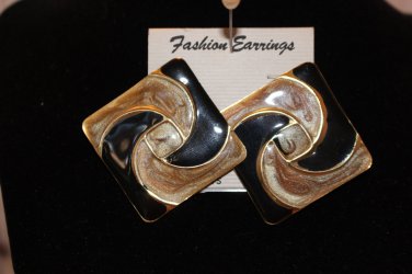 Black and Copper Brown Two Tone Large Vintage Square Pierced Earrings