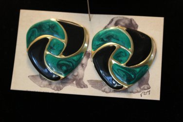Green and Black Vintage Enamel Pierced Earrings Large Triangles Swirled