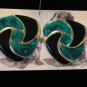 Green and Black Vintage Enamel Pierced Earrings Large Triangles Swirled