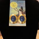 Dark Blue Enamel Oval on Gold Tone Vintage Pierced Earrings - Unsigned