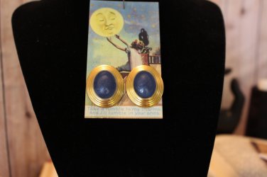 Dark Blue Enamel Oval on Gold Tone Vintage Pierced Earrings - Unsigned